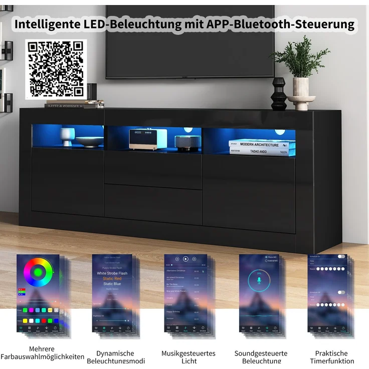 Merax 160*35*60cm Hochglanz-TV-Schrank mit LED-Beleuchtung, 3 offenen Fächern, 2 Türen, 2 Schubladen, Smart App Steuerung, für 70-Zoll-Fernseher, Hochglanz-TV-Ständer, Schwarz – Bild 5