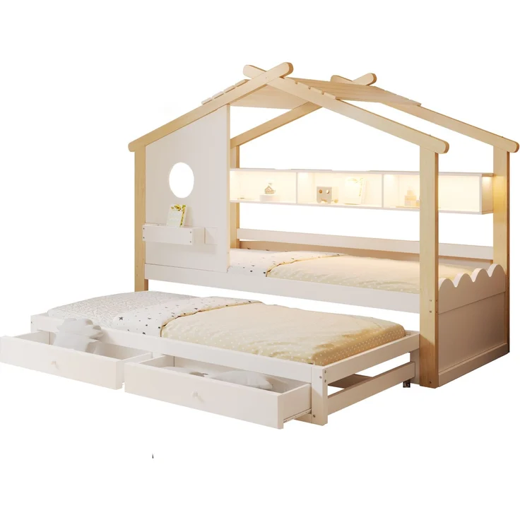 Merax Kinderbett, Jugendbett, 90x200cm, mit Ausziehbett 90x190cm, mit 2 Schubladen, mit USB- und Typ-C-Ladeanschlüssen und LED, mit Einlegeböden, Weiß + Natur – Bild 10