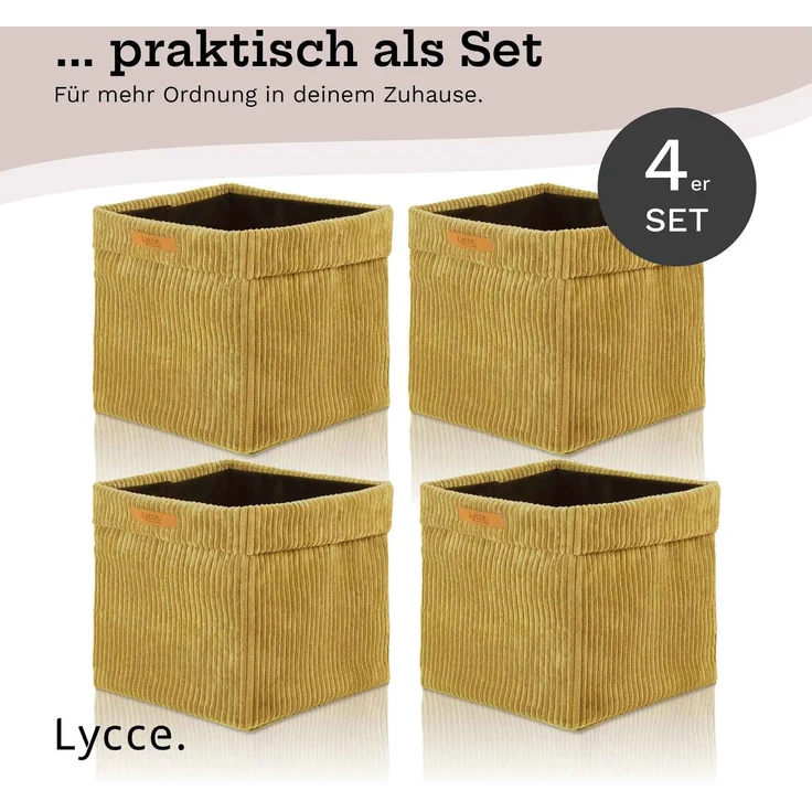 Lycce faltbare Aufbewahrungsbox, 4er Set - Cord, passend für Kallax Regal, abnehmbarer Bezug, robust, formstabil Senfgelb 31x33x33cm – Bild 6