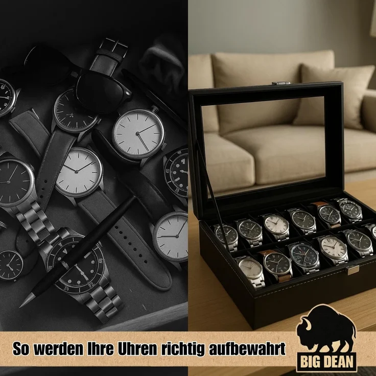 BigDean Uhrenbox für 12 Uhren Glasdeckel - schicke Uhrenbox Herren Watch Box (Packung, 1 St, Uhrenbox), Edle Optik, Kunstleder, Sammler, Samtfutter – Bild 4