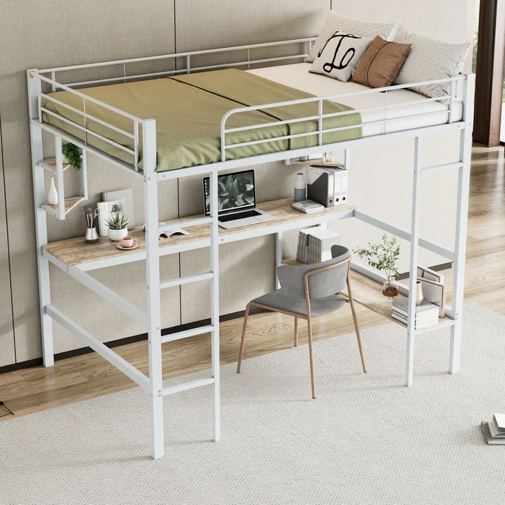 Weißes Metall-Hochbett 140×200cm mit Schreibtisch, 4 kleinen Eckregalen + großem Bücherregal, Stahl+E1-MDF, Weiß, ohne Lattenrost & Matratze, Gesamt L204 × T145 × H180 cm – Bild 4