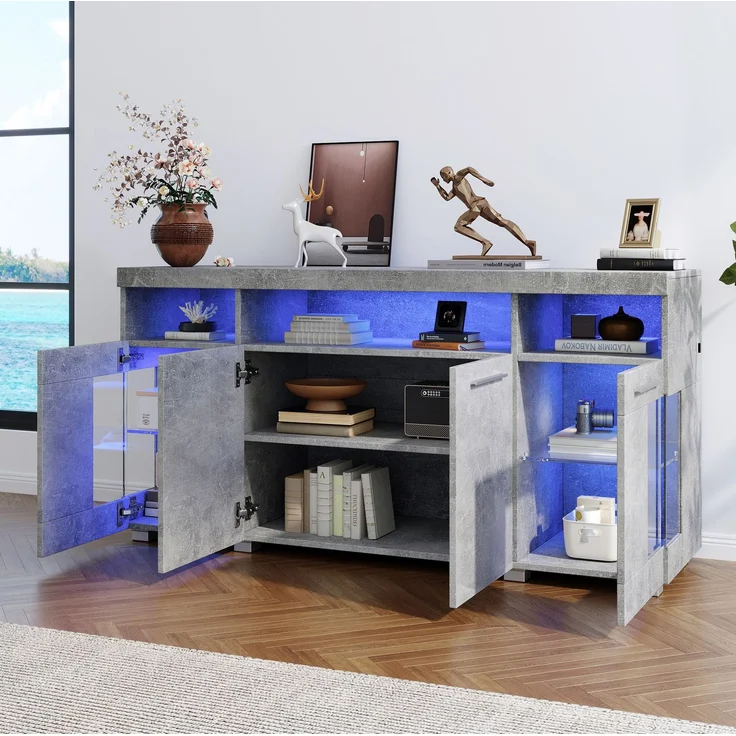 DESVIAE Sideboard mit LED-Beleuchtung und Glastüren, 140x70x40 cm, MDF und Spanplatte, Grau – Bild 3