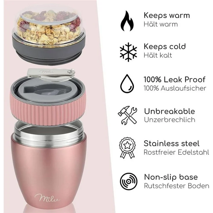 Milu Müslibox Müslibecher to go, 400ml, isolierter Edelstahl Joghurtbecher für Müsli, rosegold – Bild 2