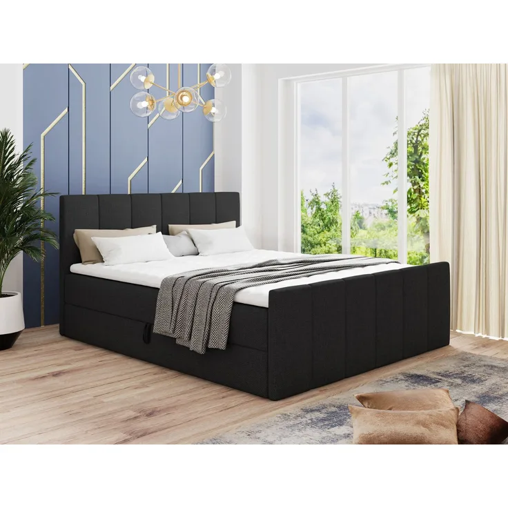 Boxspringbett Star Lux mit Fußteil, 2 Bettkästen und Matratzentopper - Doppelbett mit Topper, Bonell-Matratze, Polsterbett, Bett (Schwarz (Inari 100), 140 x 200 cm)