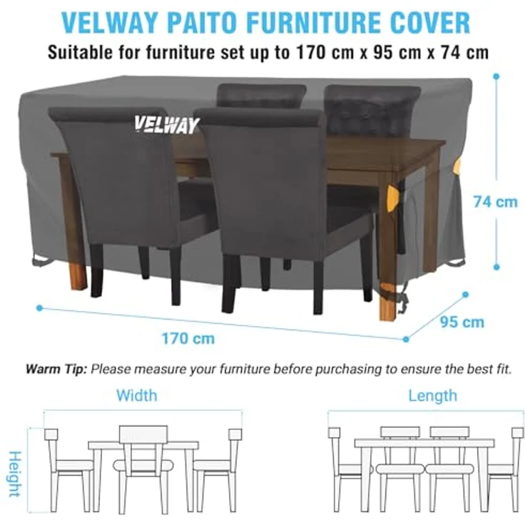 Velway Abdeckung für Gartenmöbel Wasserdicht - 170 x 95 x 74 cm Rechteckig Schutzhülle Winddicht Loungemöbel Abdeckung Abdeckhauben für Gartentische Sitzgruppe Terrassenmöbel Schwarz – Bild 3