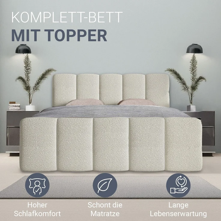 Juskys Boxspringbett Manitoba mit Bettkasten - Bouclé-Stoff, Gepolstertes Kopfteil mit Steppung & Stabile Konstruktion, Topper inklusive - Beige – Bild 5