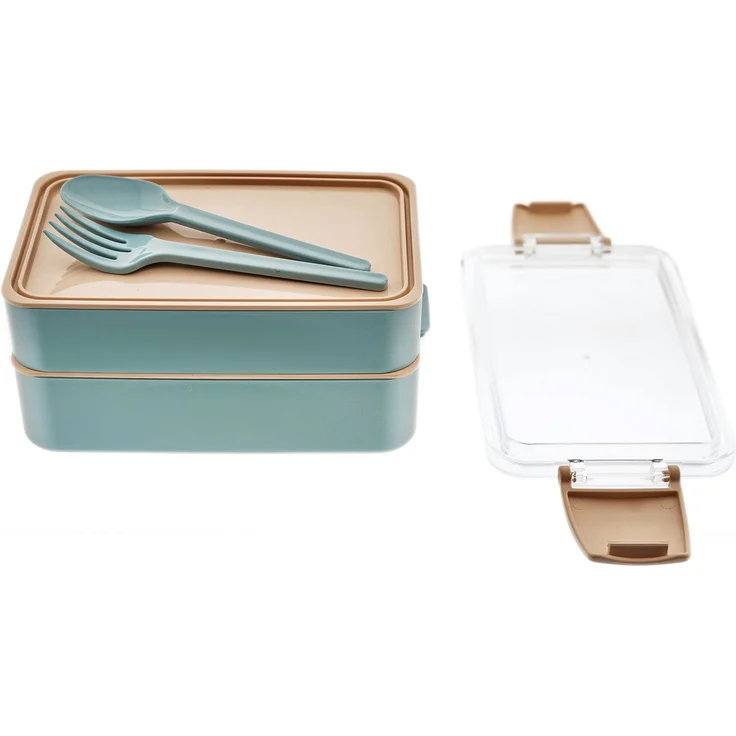 Lunchbox 4-teilig mit Fächern & Besteck - Brotdose für Schule & Büro Hellblau-Rosa – Bild 2