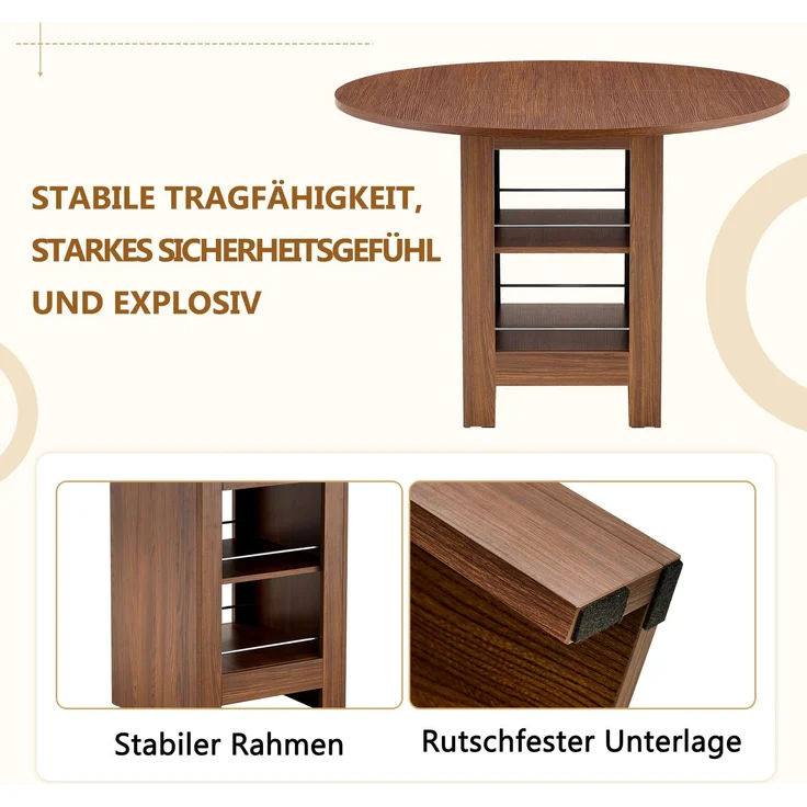 Esstisch rund 100x100x76 cm, MDF in Walnussoptik mit offenen Stauraumfächern – Bild 9