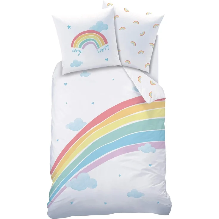 MTOnlinehandel Bettwäsche Regenbogen 135x200 + 80x80 cm, 100 % Baumwolle, Renforcé, 2 teilig, Happy Rainbow Kinderbettwäsche mit Wolken, Herzen & Sternen – Bild 4