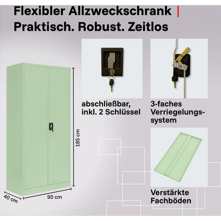 LagerZwei Aktenschrank Stahlschrank 185x90x40 cm (1-St) 3-fach verriegelt, 4 Böden, bis 50 Ordner, Flügeltüren 130° – Bild 3
