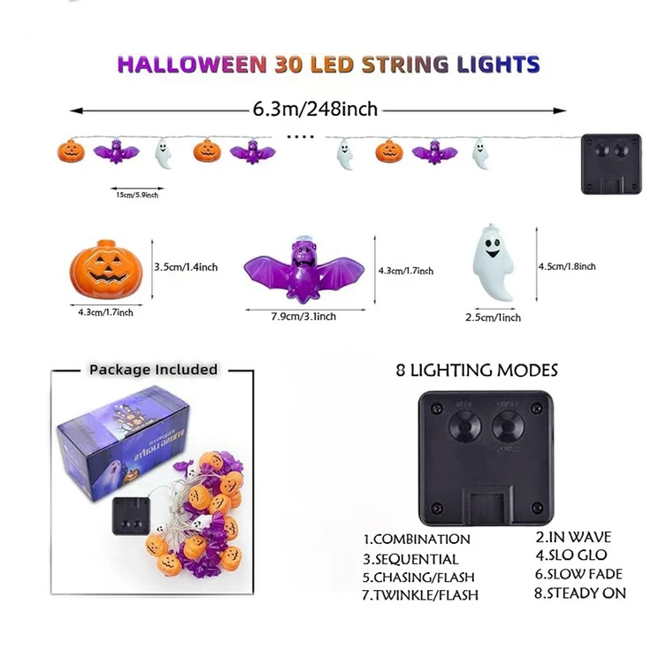 ABC Solar-Lichterkette mit Kürbis-, Fledermaus- und Geistermotiven, 1,95 m, 30 LED – Bild 5
