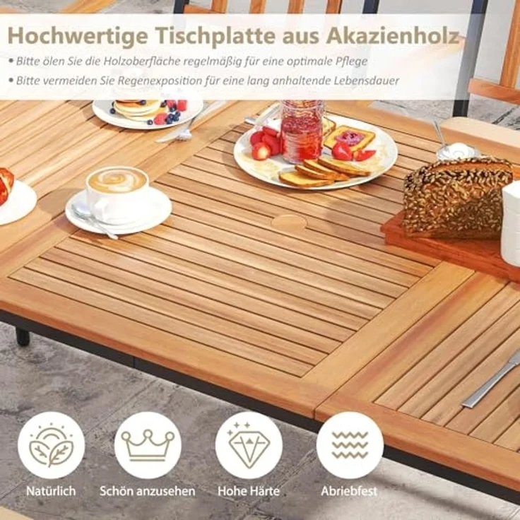 FANTASK Gartentisch mit Schirmloch, 200x90 cm, Esstisch aus Akazienholz für 8 Personen, Rechteckiger Balkontisch Wetterfester für Terrasse, Garten, Natur + Schwarz – Bild 2