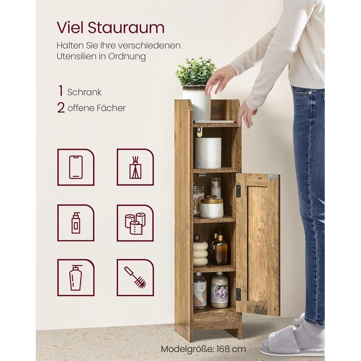VASAGLE Badezimmerschrank klein, Badschrank schmal, stehend, mit Tür und Regal, kleiner Schrank für Toilettenpapier, Toilettenschrank, verstellbare Ablagen, 20 x 18 x 80 cm, honigbraun, BBK310K01 – Bild 4
