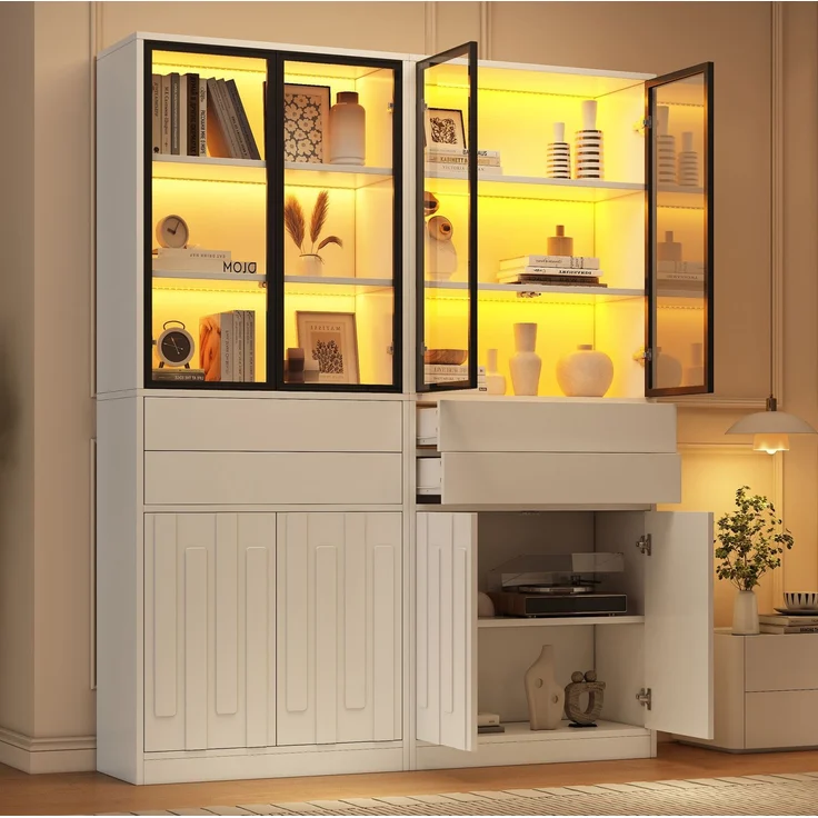Vitrinen-Set 140 x 34 x 180 cm in Weiß mit Glastüren, Schubladen und LED-Beleuchtung – Bild 2