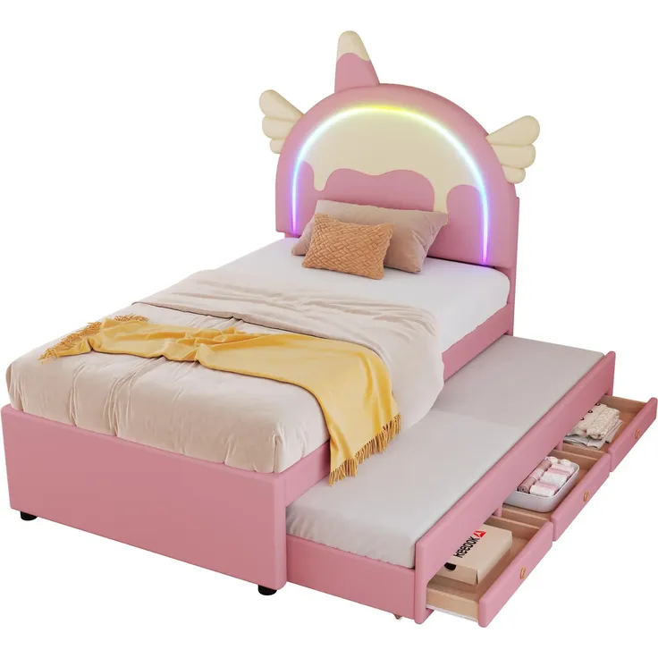 Polsterbett mit Stauraum und LED-Beleuchtung, 90x200 cm, Kopfteil höhenverstellbar, Kinderbett, Einzelbett, Kunstleder