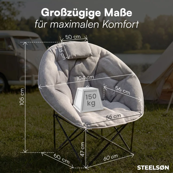 STEELSØN 'Hoggar' Moonchair faltbar, gepolsterter Campingstuhl grau, bis 150 kg, mit Kopfkissen und Tragetasche – Bild 9