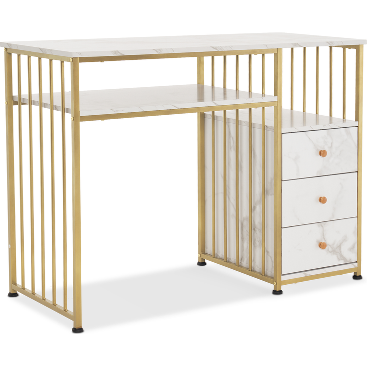 M MCombo Schreibtisch mit Schubladen, Schminktisch ohne Spiegel Marmor-Weiß Gold, Nageltisch aus Holz Metallgestell, Computertisch Wohnzimmer Modern, 109 x 45,5 x 81cm, 2407