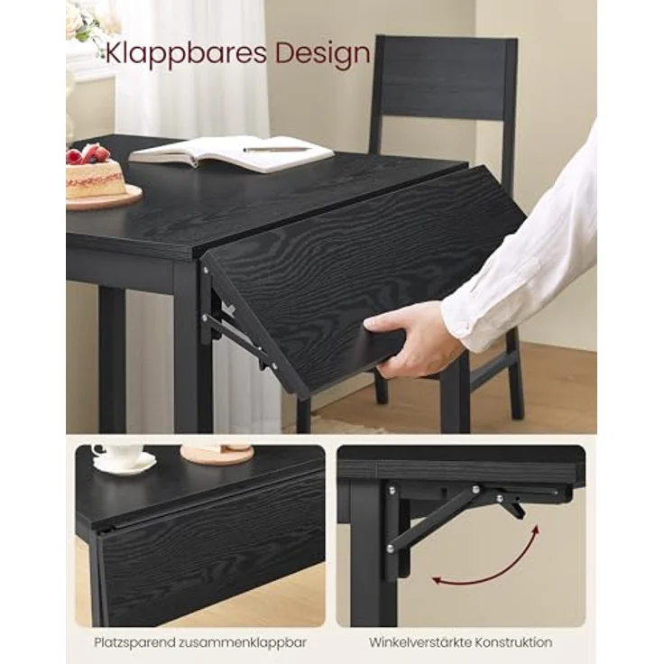 VASAGLE Klappbarer Esstisch mit 2 Stühlen, Essgruppe, für Wohnzimmer, Küche, Stahlgestell, einfacher Aufbau, ebenholzschwarz-anthrazitgrau-tintenschwarz KDT077B03-01 – Bild 6