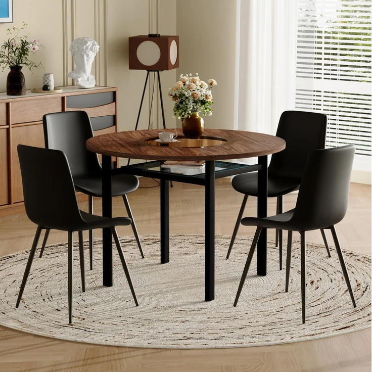 Essgruppe mit rundem Tisch Ø 100x76 cm, Glasablage & 4 PU-Stühlen, Braun/Schwarz – Bild 2