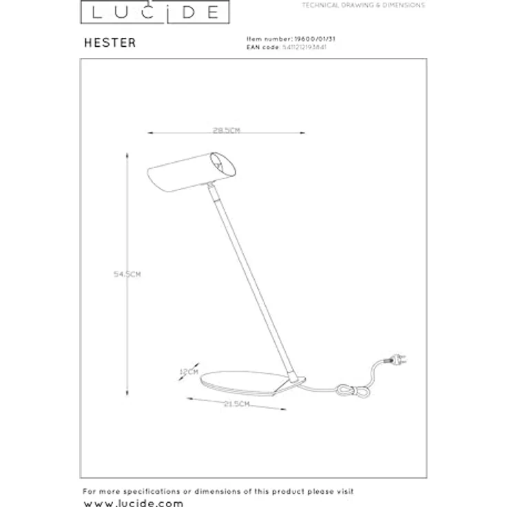 LUCIDE HESTER, Schreibtischlampe dreh- und kippbar, 1xGU10, Weiß, Metall, mit Schalter – Bild 5