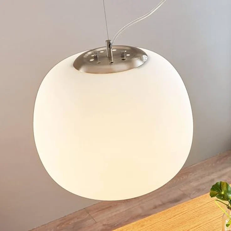 Lindby Pendelleuchte aus Glas, E27 max. 60W, weißer Opalglas-Lampenschirm, modernes Design, Ø 38 cm, höhenverstellbar 150 cm – Bild 2