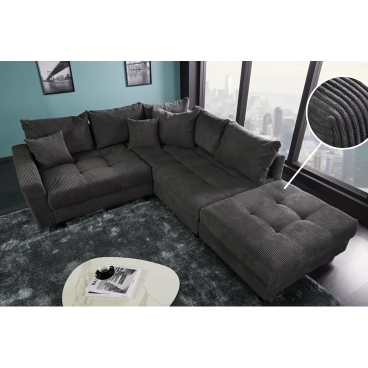 riess-ambiente Ecksofa KENT 220cm dunkelgrau, Set 2 Teile, Wohnzimmer · Couch · Cord-Bezug · Federkern · inkl. Hocker · Design – Bild 2