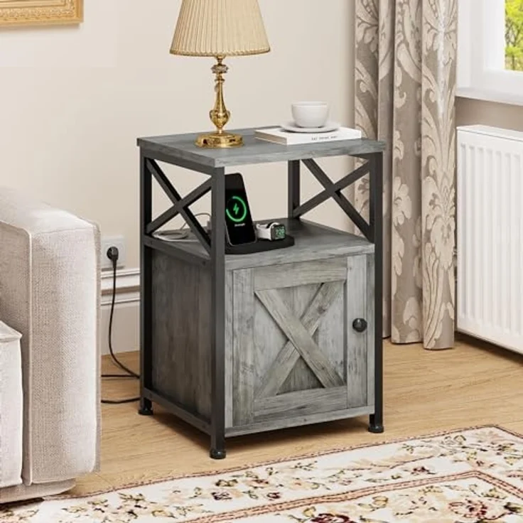 YITAHOME Beistelltisch, Nachtschrank mit Kabinett, X-förmiger Wohnzimmertisch mit Ladestation, 2 USB-Anschlüssen und Steckdosen, Nachtkonsole, Metallgestell, 40 x 35 x 60 cm, Grau – Bild 2