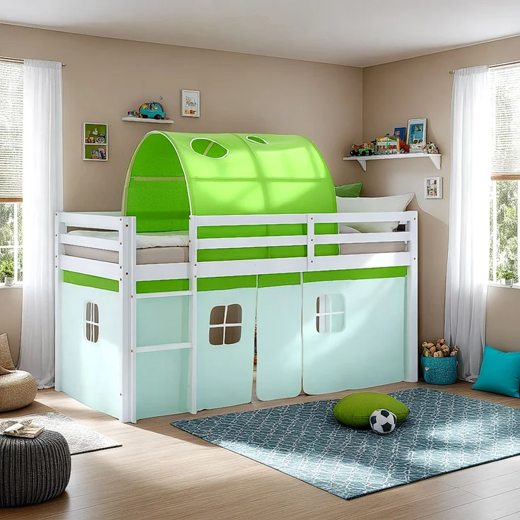 Hochbett Kinder 90x200 cm mit Lattenrost Kinderbett Kinderhochbett Stockbett Tunnel Vorhang Grün Holz Massiv – Bild 2