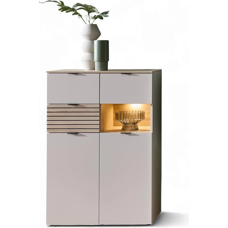 Stella Trading INA Highboard in Kaschmir, Riva Eiche Optik FSC-Zertifiziert - Moderner Wohnzimmerschrank mit Schubladen und LED-Beleuchtung - 84 x 125 x 45 cm (B/H/T)
