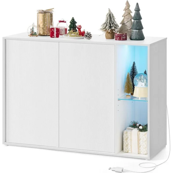 SONGMICS HOME Superschnelle werkzeuglose Montage, Sideboard mit Beleuchtung, Aufbewahrungsschrank, TV-Schrank, Glasablage, Toolless-Technologie, SchneeweißBBKDE372W01