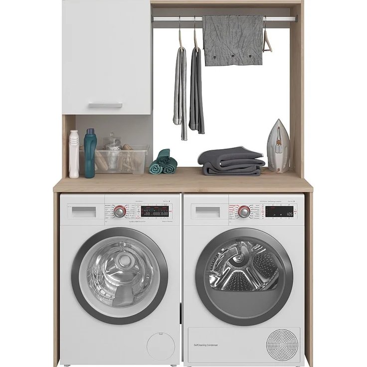 Vente-unique - Schrank für 2 Waschmaschinen mit Kleiderstange und Schrank – L129 x H184 cm – ARNEKO – Bild 4