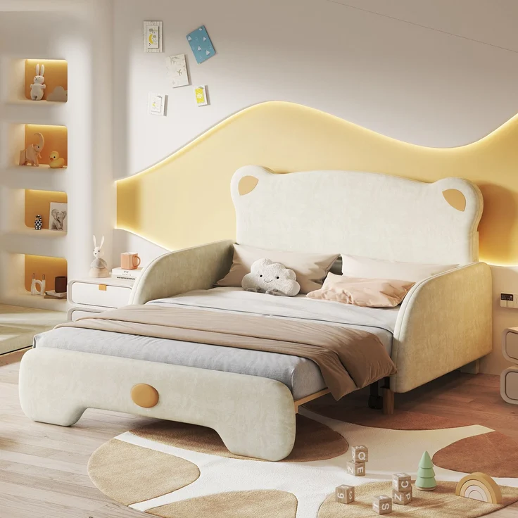 Polsterbett in Bärenform 140x200 cm, Kinderbett und Tagesbett mit Ausziehbett, weichen Schutzkanten und Samtbezug, Beige – Bild 4