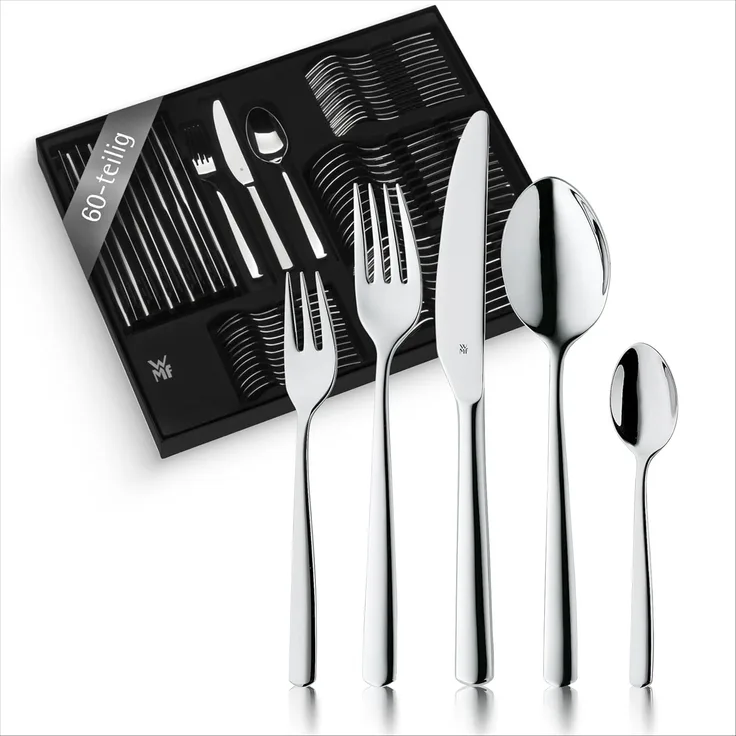 WMF Boston Besteck Set 12 Personen, Essbesteck 60 teilig, Monobloc-Messer, Cromargan Edelstahl poliert, glänzend, spülmaschinenfest