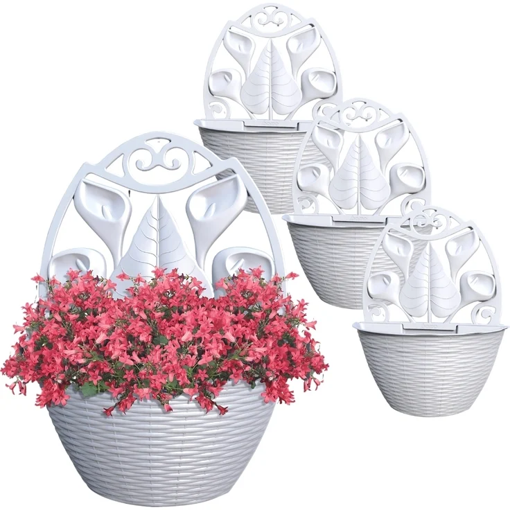 4er Set Blumentopf Wand Blumentopf Wandmontage Wandblumentopf Wandvasen für Pflanzen Pflanzen Wandhalterung Wandtopf Außenbereich 32 cm Weiß Rattan Optik – Bild 7