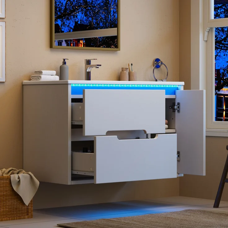 Waschbeckenunterschrank 81 x 47 x 51 cm mit Keramikwaschbecken und App-gesteuerter LED-Beleuchtung, Weiß – Bild 1