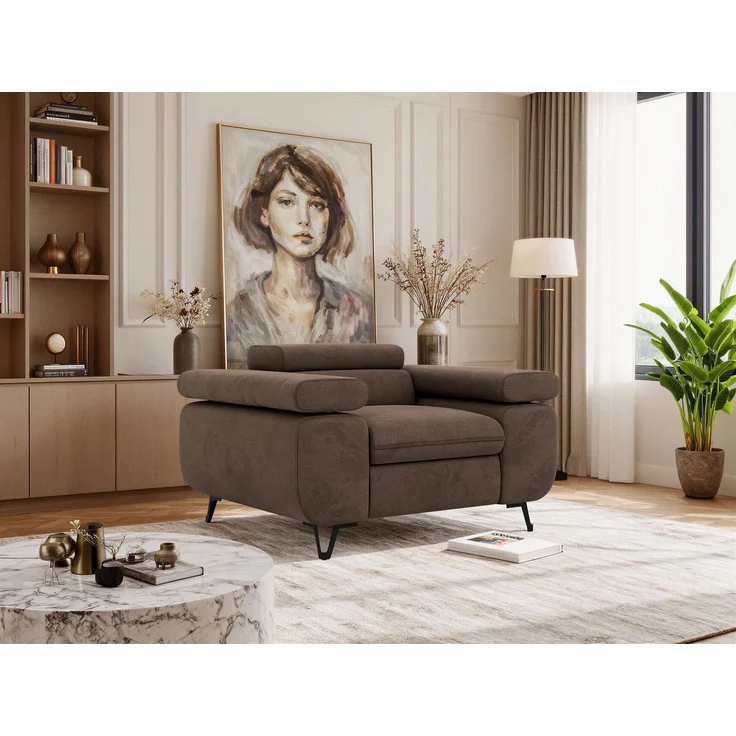 Einzelsessel, Polstersessel PETER mit verstellbaren Armlehnen und Kopfstütze, 1-Sitzer Sofa, Ohrensessel, Wellenfeder - Braun Velvet – Bild 1