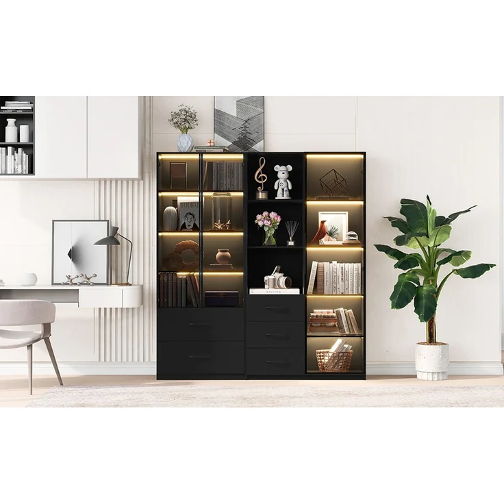 ZUBALIYA LED-Vitrine 140×40×160 cm – Bücherregal und Multifunktionsschrank mit Glas- und offenen Fächern, sanft schließenden Scharnieren, mehrfarbiger LED-Beleuchtung, staubdichter Glasvitrine,Bücherregal – Bild 24