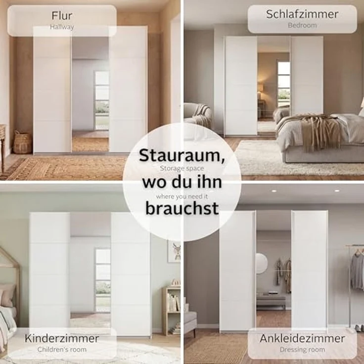 Rauch Möbel Kulmbach, Kleiderschrank mit Schwebetüren für Schlafzimmer, Kinderzimmer, Jugendzimmer, Garderobe, Flur, 3-türig, mit Spiegel, Zubehör Basic, Farbe Weiß, Breite 360 cm – Bild 6