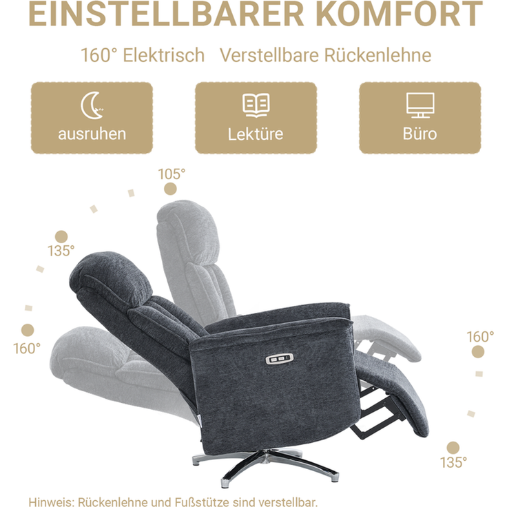 HOME NATURE WOHNKONZEPT Elektrischer Relaxsessel mit USB-Anschluss, elektrisch verstellbarer TV-Sessel mit Liegefunktion, Chenille Dunkelgrau, bis 350 kg, FT9202 – Bild 3