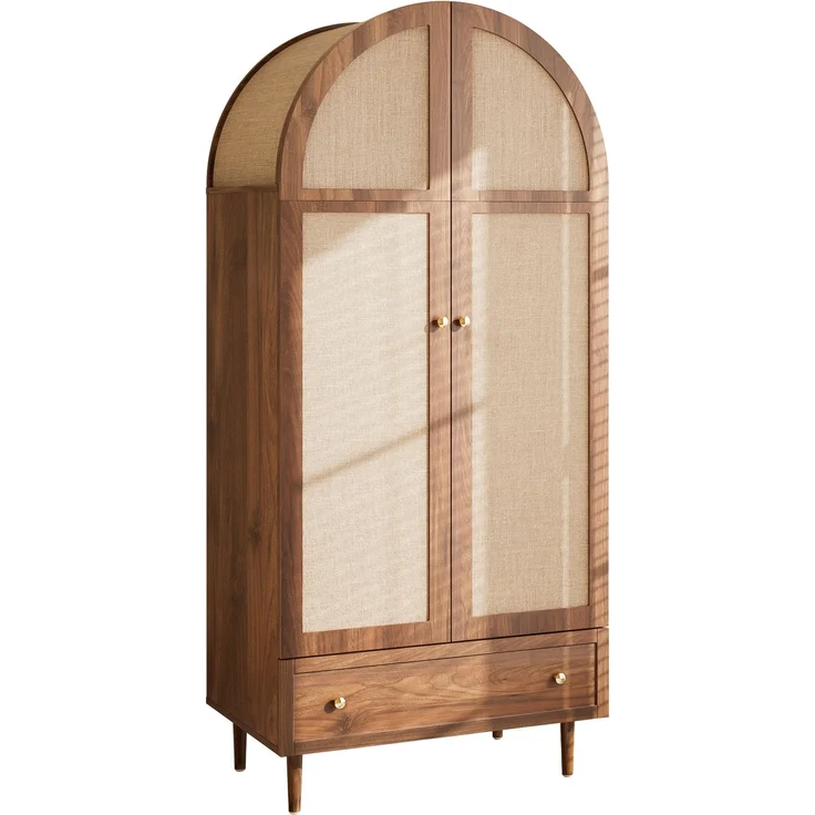 Kleiderschrank mit Schubladen, Holztüren mit Leinenstoff-Bezug, großer Stauraum, Garderobenschrank für Schlafzimmer, moderne Aufbewahrungslösung--Holz--79x50x175cm--YOUDENOVA – Bild 2