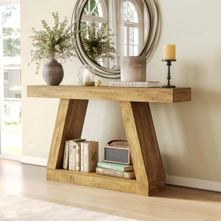 LITTLE TREE 140 cm-Sofatisch mit Stauraum, Konsolentisch im Landhausstil für zu Hause, rechteckiges Holzmöbelstück für den Eingangsbereich, Wohnzimmer, Schlafzimmer, Büro, Flur, Eiche – Bild 3