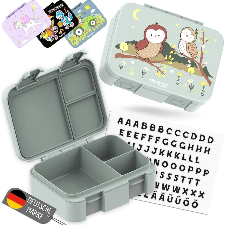 BEARFOOT Bento Box COMPACT Kinder Brotdose (Eule-grün, 650 ml) | BPA-frei, auslaufsichere Lunchbox mit Fächern, für Schule & Kindergarten, für Mädchen & Jungen, leicht & kompakt