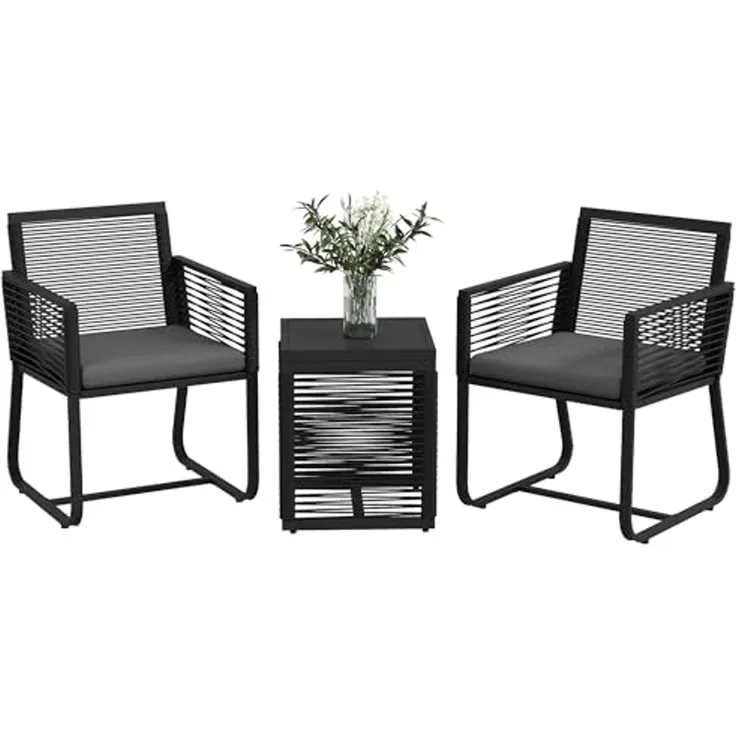 Outsunny Gartenlounge-Set Rattan Gartenmöbel-Set, Sitzgruppe mit 2 Gartenstühle, Beistelltisch, (Sitzgarnitur, 3-tlg, Gartengarnitur), mit Tischplatte aus Hartglas, Kissen, für Balkon, Schwarz