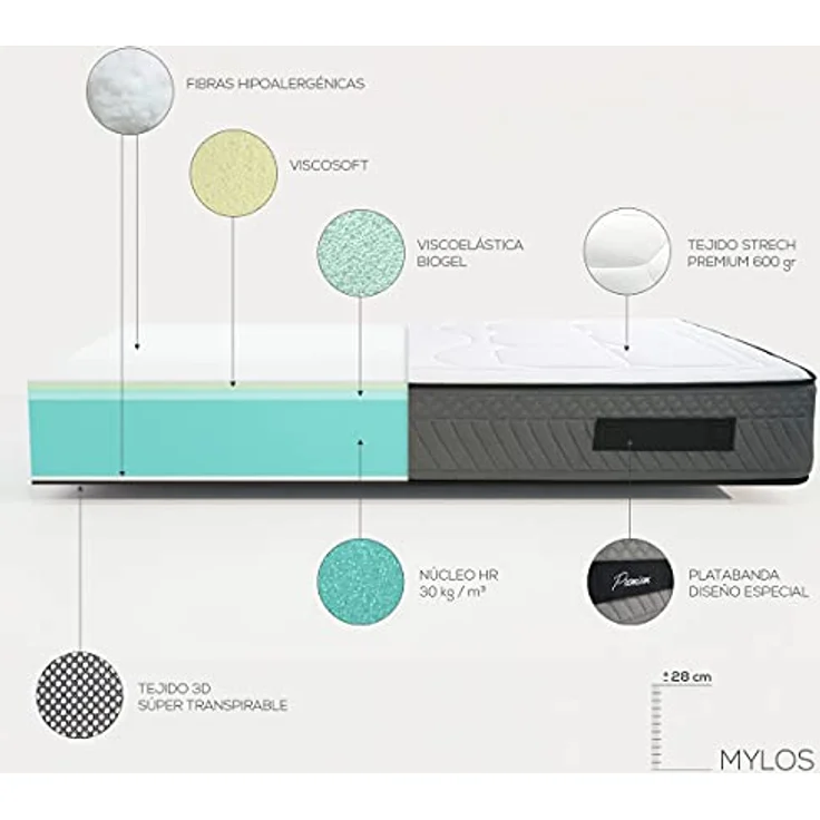 DUÉRMETE ONLINE Viskoelastische Matratze, Mylos Biogel, Höhe 28 cm, fest und bequem, milbendicht und hypoallergen, thermoregulierend, HR, 90 x 180 cm – Bild 3