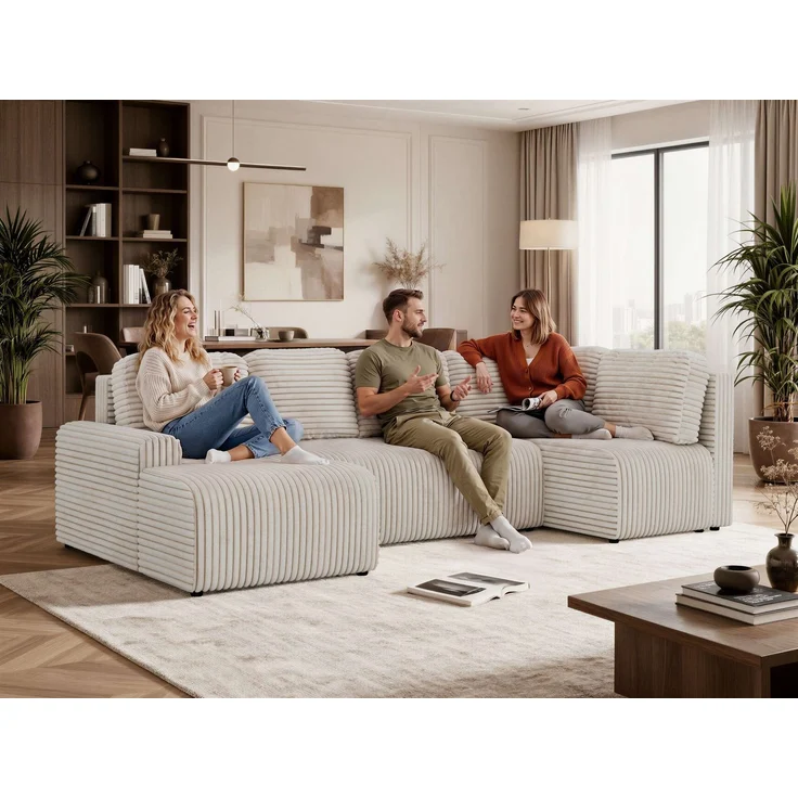 U-förmiges Sofa NESSARO COR U mit Schlaffunktion und Bettkasten, Freistehende Wohnlandschaft, DL-System, Bonellfederkern - Beige Cord - Links Seite – Bild 3
