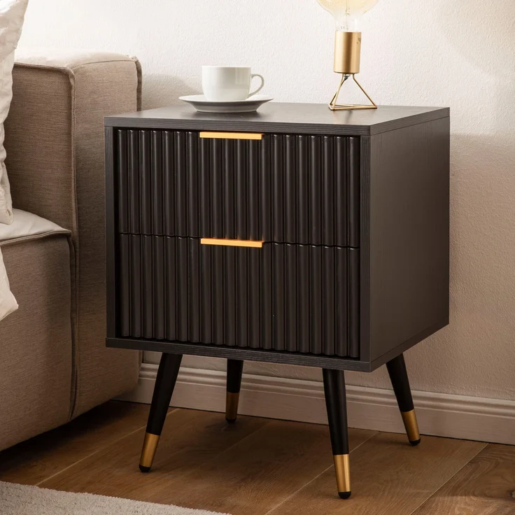FINEBUY Nachttisch FB105032 (Eiche-Dekor 43,5x39x56 cm, Nachtschrank Schwarz), Nachtkonsolen Schublade, Nachtkästchen Stauraum – Bild 1