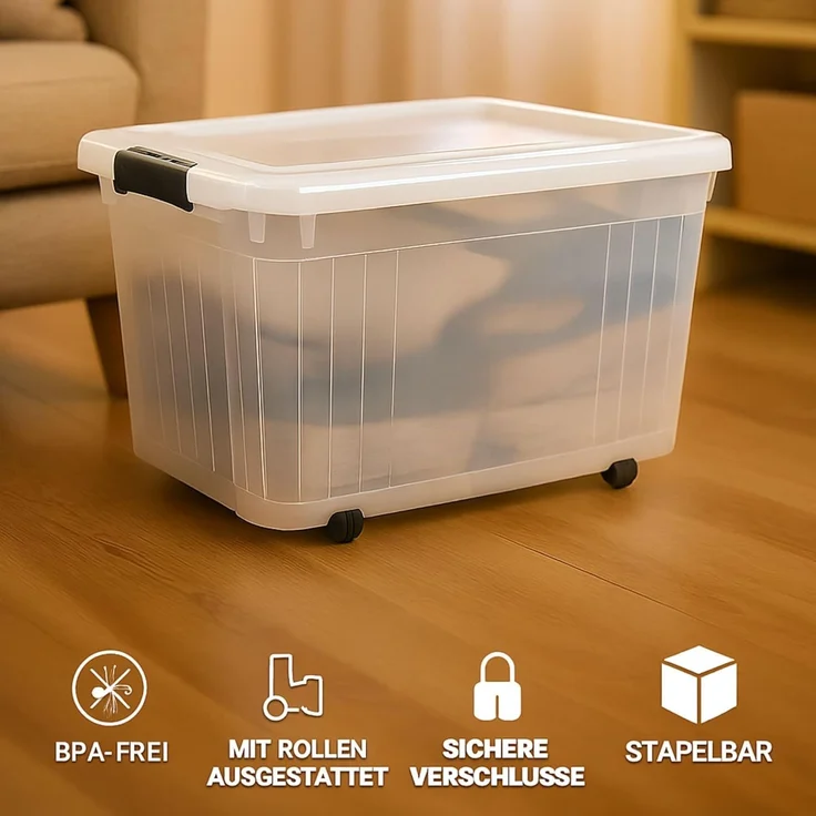 Plastard Aufbewahrungsbox mit Deckel & Rollen 15 - 110 Liter Stapelbar, Transportbox, Regalbox (4er-Set, 4 St), Lagerbox, Spielzeugbox, BPA-Frei, Storagebox für Spielzeug, mit Clips – Bild 3