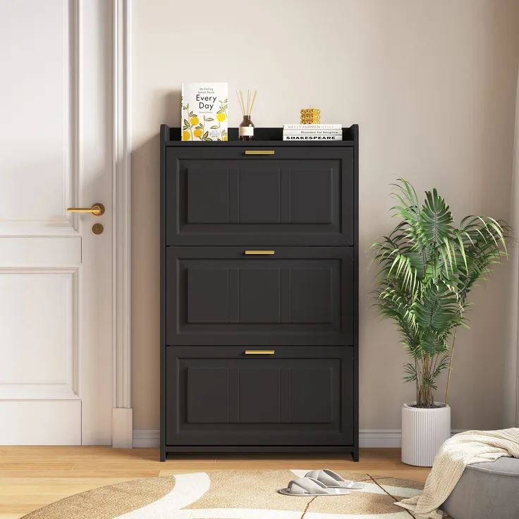 Schuhschrank 70x24x120 cm schwarz 2 Klapptüren 6 Fächer Ablagefläche