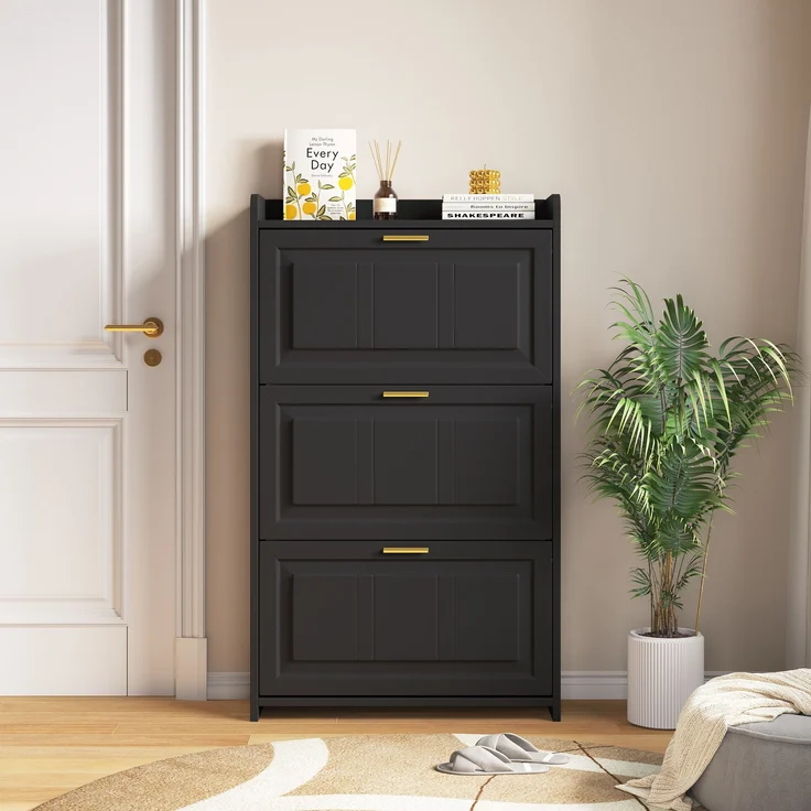 Schuhschrank 70x24x120 cm schwarz 2 Klapptüren 6 Fächer Ablagefläche – Bild 1