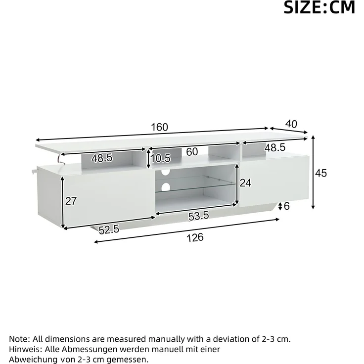 Merax 160cm Fernsehschrank,TV-Ständer mit 2 Schränken, Wohnzimmerschrank, Hochglanz-TV-Schrank mit LED-Lichtleiste, mit 8 Ablageflächen, 70-Zoll-Fernseher, Weiß – Bild 4